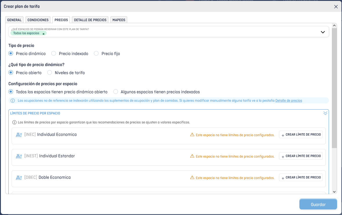 Límites de precio en un plan de tarifa